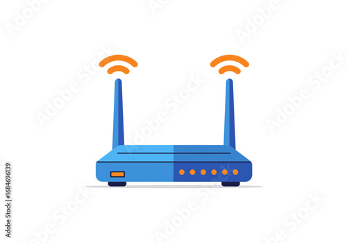 A blue wireless router with two antennas emitting orange signal waves
