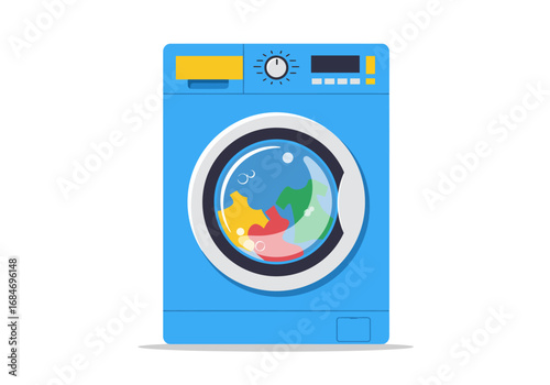 A blue washing machine with colorful clothes visible through a circular glass door