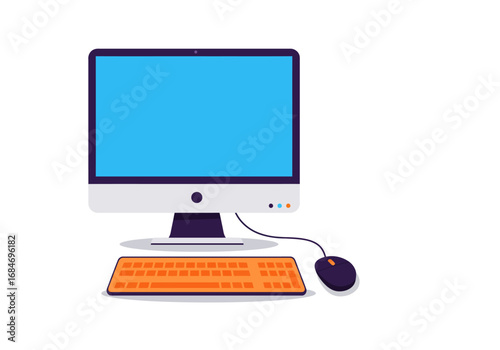 A cartoon desktop computer setup with a bright blue screen orange keyboard and dark purple mouse