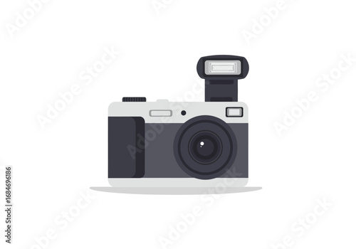 A cartoon camera with a popup flash stylized and isolated on a white background