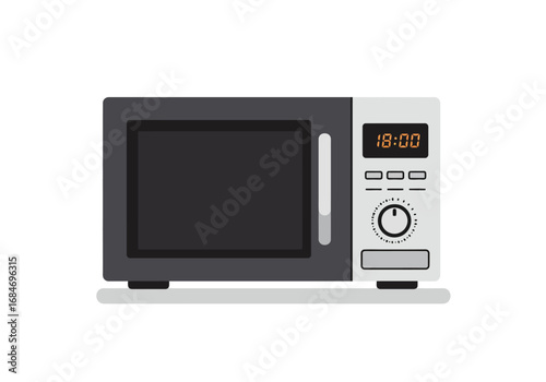 A digital illustration of a microwave with a gray body and a digital clock showing 1800