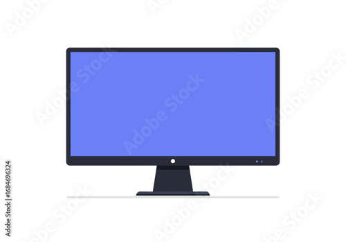 A flat stylized desktop monitor sits on a white surface with a visible stand and blue screen