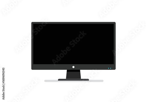 A flat graphicstyle LCD monitor with a black screen gray frame and stand on a white background