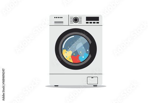 A frontloading washing machine with colorful clothes visible inside