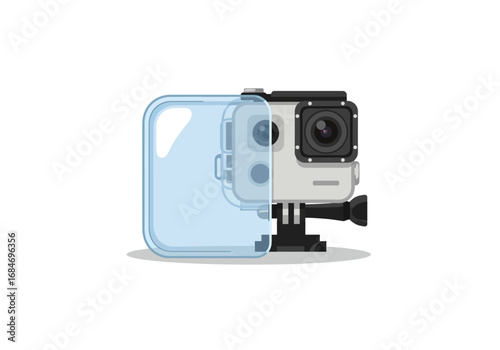 A GoPro camera is shown in a protective waterproof case with mount The case is translucent blue
