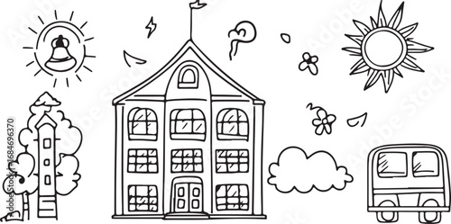 Vintage School Building Vector – Education, Students, Learning, Architecture, Classroom, Minimal, Flat, Outline, Black and White, Sketch, Doodle, Icon, Symbol, Art, Creative, Design, Modern, Illustrat