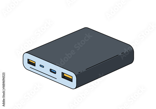 A gray power bank has two USBA ports a USBC port and a MicroUSB port