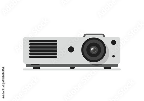 A gray projector with black lens vents and details casting a slight shadow on a white background