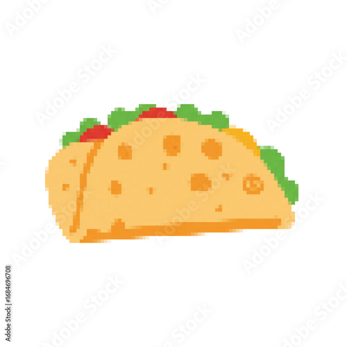 An appetizing pixel art taco, featuring a golden-brown shell overflowing with fresh green lettuce and vibrant red tomato, ideal for retro-themed designs.