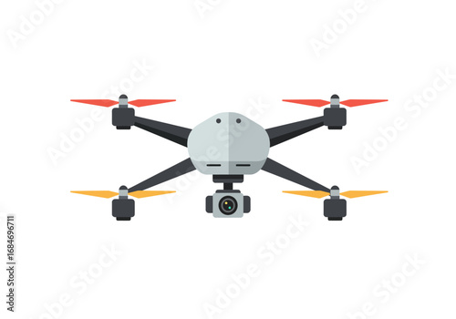 A stylized frontview of a drone with red and yellow propellers a grey body and a camera beneath