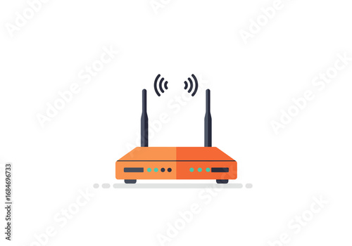 A stylized illustration of a WiFi router with two antennas emitting signal waves