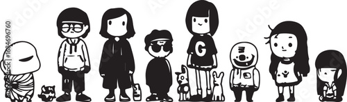 Cartoon Teen Characters Vector – Cute, Funny, Minimal, Flat, Outline, Black and White, Kids, Doodle, Sketch, Creative, Icon, Symbol, Illustration, Design, Art, Family, Modern, Playful