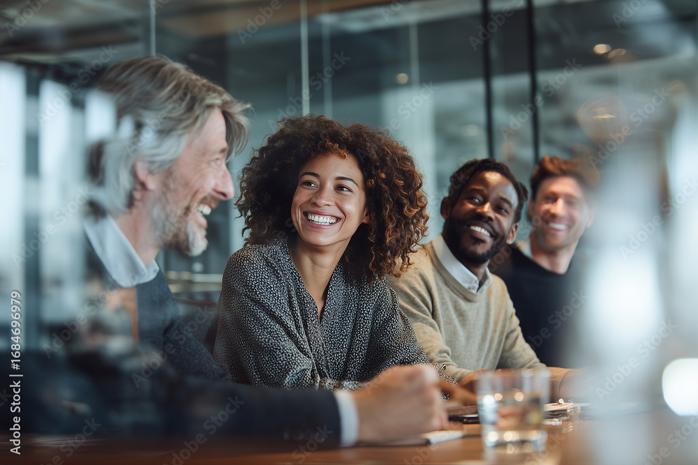 Diverse business team engaged in lively discussion and smiling during a meeting in a modern office setting Diverse business team engaged in lively discussion and smiling during a meeting in a modern office setting
