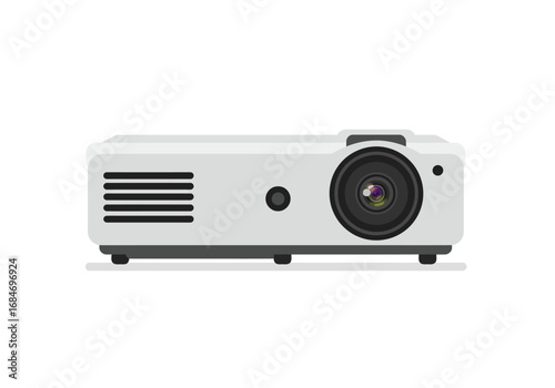 A white projector with a dark lens and horizontal ventilation stripes placed on a flat surface