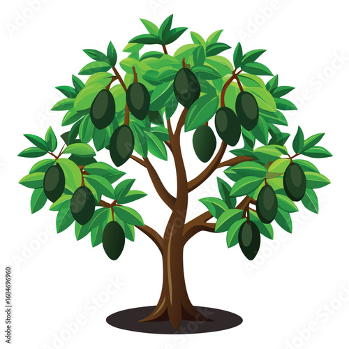 Lush avocado tree with dark green fruits and leaves, a detailed and healthy illustration on a clean white background, for healthy food or nature themes.