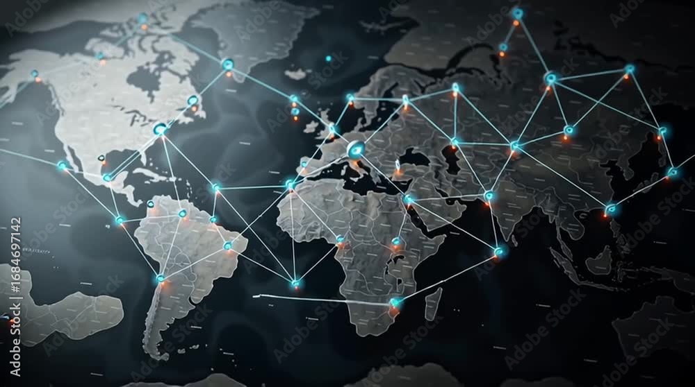 Animated digital map featuring interconnected location pins ...
