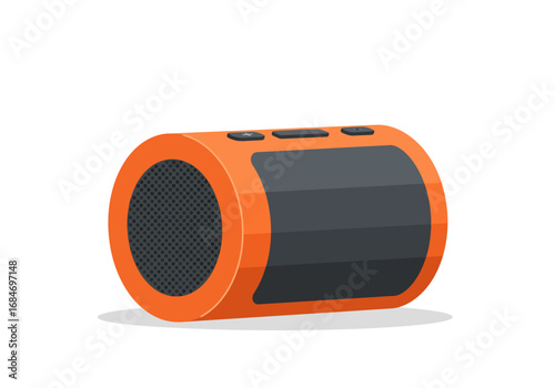 An orange and dark gray portable speaker with button controls is depicted in a cartoonstyle illustration