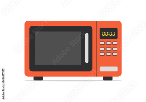 An orange microwave oven displays 0000 on its digital clock featuring a control panel and a black door