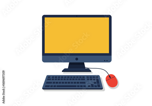 Cartoon desktop computer with yellow screen dark blue components and red mouse