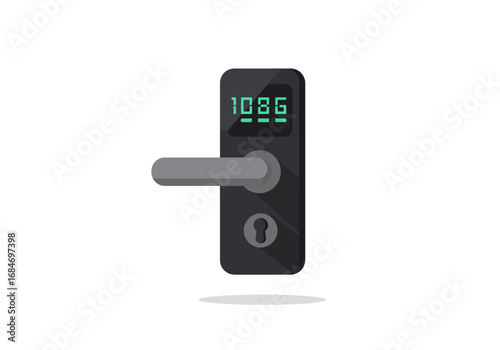 Dark door lock with a gray handle keyhole and a digital display showing 1086 A faint shadow floats under it
