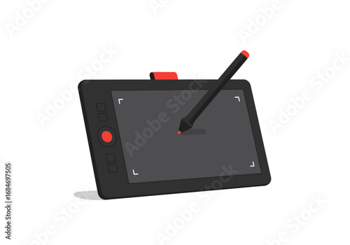 Illustration of a drawing tablet with a stylus hovering above its surface