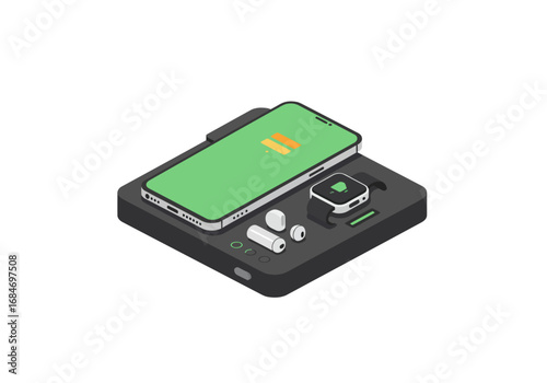 Isometric view A phone earphones and a smartwatch rest on a charging dock