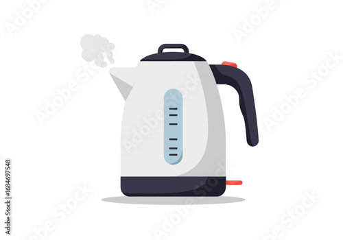 Steaming white kettle with black handle and base on white Water level visible