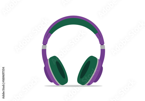 Purple and green headphones on a white background