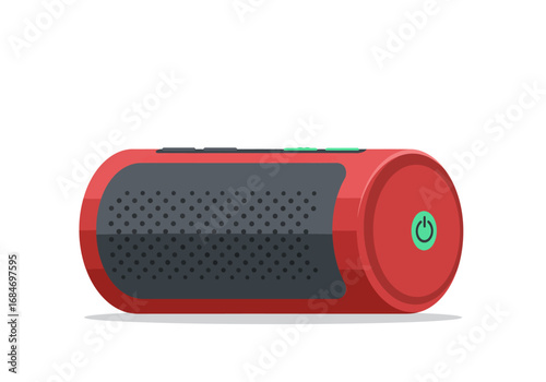Red wireless speaker cylindrical with gray speaker grill and green power button casting soft shadow
