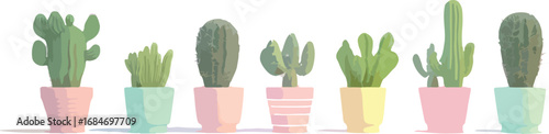 Collection of small potted cacti and succulents in pastel colored pots arranged in a row