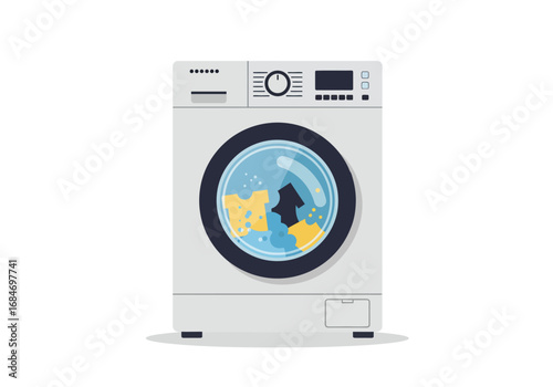 Washing machine with clothes inside visible through a round window Control panel at the top