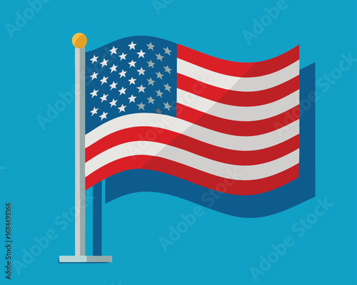 Illustration of waving american flag with stars and stripes on blue background