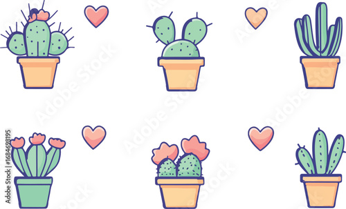 Charming cartoon cactus collection with pink hearts adorable potted succulent plants