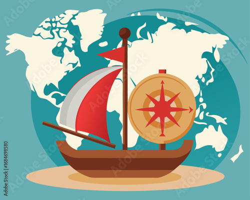 Vector art of a vintage boat with compass in front of a world map for adventure