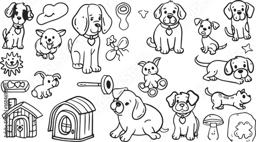 Dogs Vector Illustration – Cute Pets, Funny Cartoon Animals, Minimal, Flat, Outline, Black and White, Happy, Adorable, Character, Kids, Symbol, Icon, Creative, Modern, Design, Sketch, Art, Fundogs, pe
