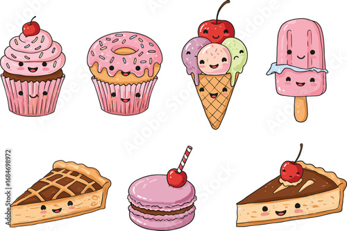 Cute cartoon desserts with faces cupcake donut ice cream popsicle pie macaron cake sweet food vector illustration