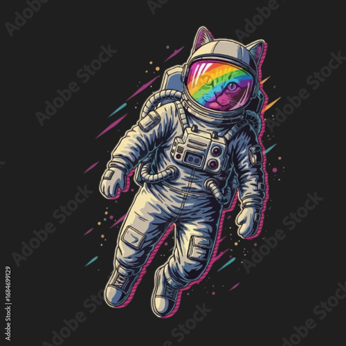 Retro cat astronaut floating in space with rainbow visor helmet, 80s vaporwave aesthetic, colorful retro vector style, isolated on dark background, perfect for apparel