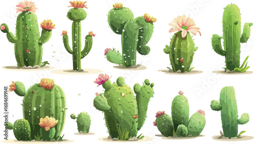 Collection of diverse cartoon style cacti and succulents with delicate pink flowers on white background