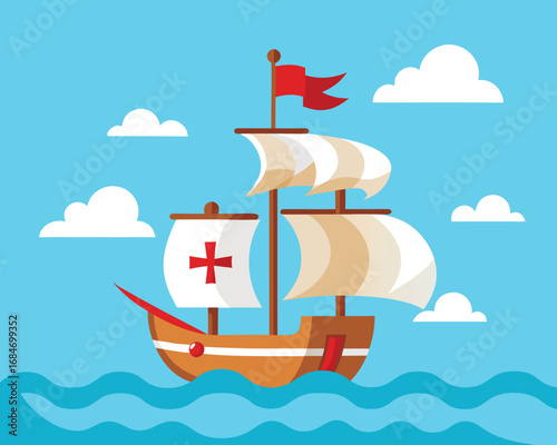 Illustration of santa maria caravel sailing on the ocean with clear sky