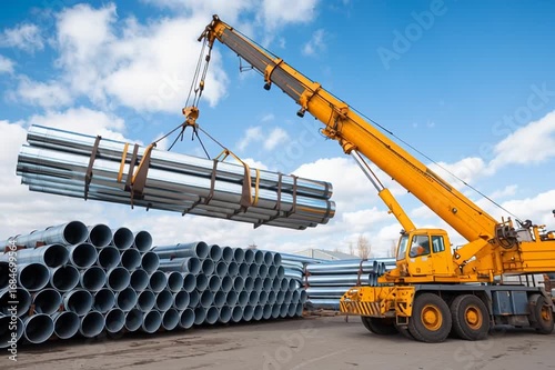 Heavy-duty crane lifts a bundle of metallic pipes from the ground, showcasing the dynamic movement and precision in a construction yard environment