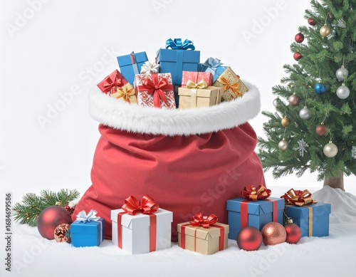 A large red Santa sack filled with colorful wrapped gifts, placed on snow with ornaments and a decorated Christmas tree in the background