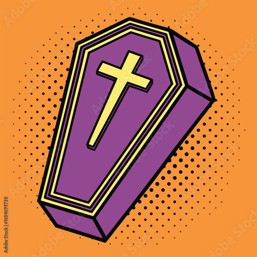 Vector art of a stylized purple coffin with a yellow cross on a vibrant orange background with halftone dots, evoking a retro pop art aesthetic