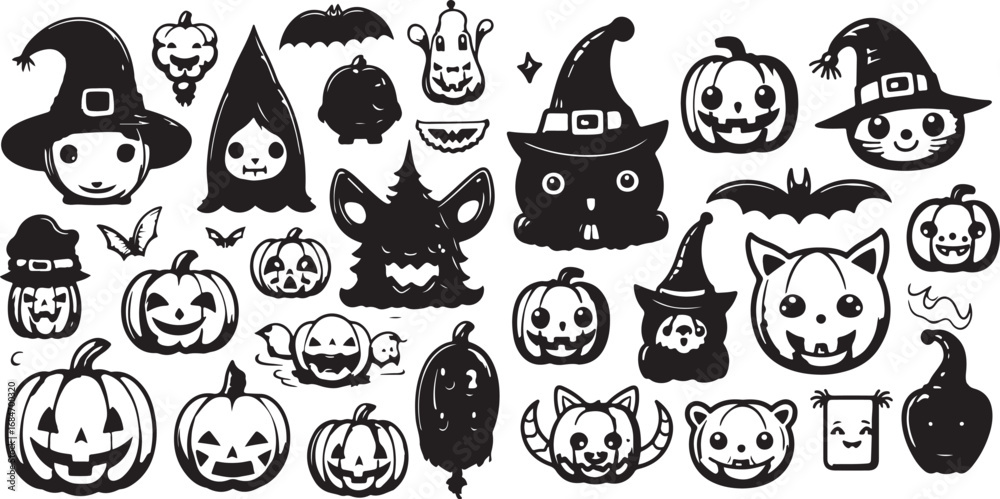 Obraz premium Halloween Vector Set – Pumpkins, Witch Hat, Cat, Bat, Ghost, Scary, Spooky, Cartoon, Illustration, Icon, Outline, Creative, Black and White, Symbol, Doodle, Holiday, Autumn, Design