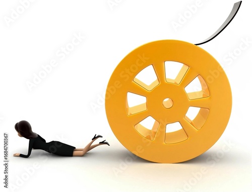 3d woman about to crush by rolling film reel concept
