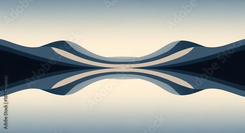 Symmetrical Abstract Landscape with Blue and Beige Wavy Layers