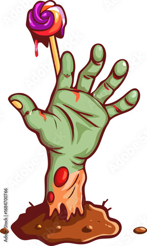 Creepy Zombie Hand with Lollipop Cartoon Illustration