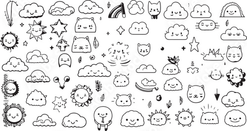 Cute Kawaii Doodle Characters with Adorable Animals, Whimsical Design, Black and White, Charming, Fun, Playful, Quirky, Artistic, Creative, Minimalist, Expressive, Joyful, Lighthearted, Illustrated, C