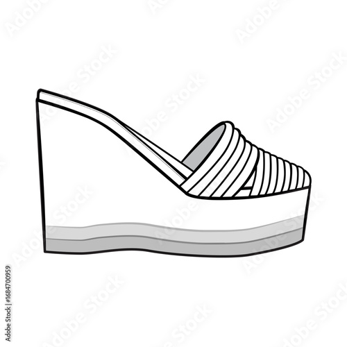 Mule Wedge Shoe Vector Illustration. 1970s-inspired wedge heel vector for fashion design, flats, accessory sketches, product development, and graphic resources.