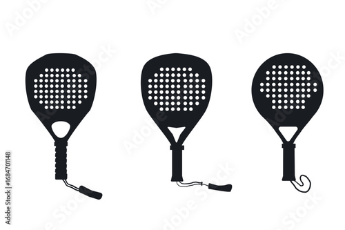 Padel rackets in different shapes. Sport equipment silhouette set. Team paddle rackets diamond, teardrop and round for club. Vector simple collection illustration isolated on transparent background.