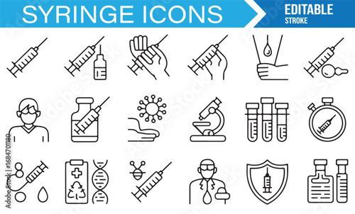 Medical syringe icon set in line style including healthcare, patient, treatment, and vaccination